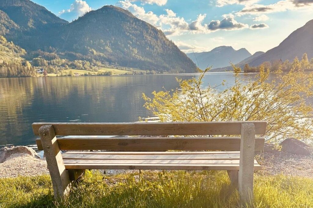 Holzbank beim Big Five for Life Retreat am Grundlsee mit Blick auf Berge und sonnige Uferlandschaft